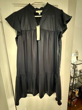 Navy Faux Leather Ruffle Sleeve Shift Dress